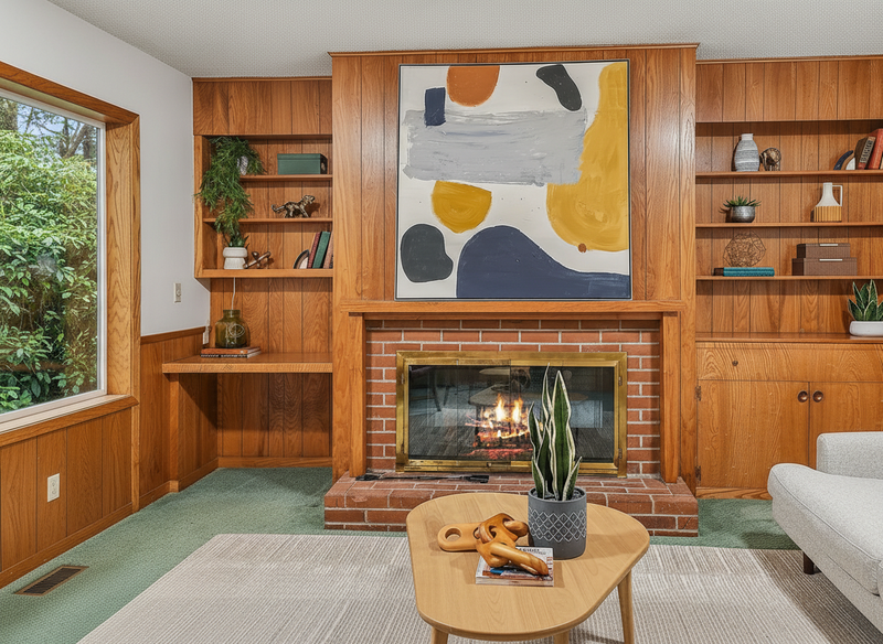 Cozy 1950s living room with honey wood paneling, built-in shelving, red brick fireplace, green carpet, and mid-century abstract art